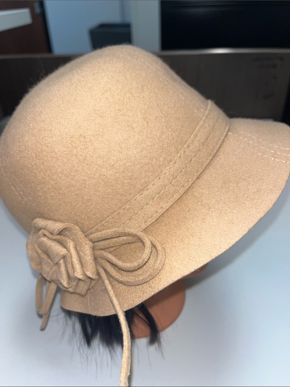 World Market Women’s Camel Wool Cloche Hat w/ Flower Detail